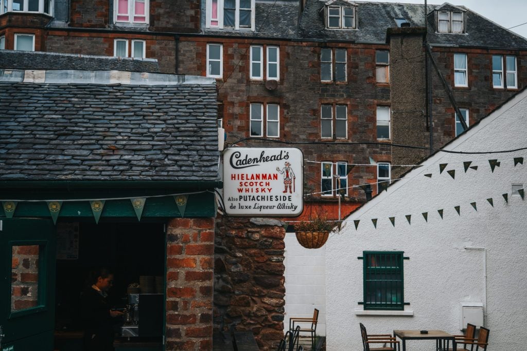 Bunting strung across the street outside the Cadenhead's shop in Campbeltown