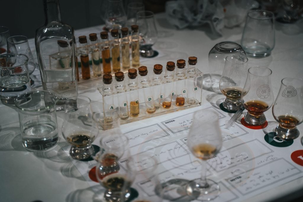 Sample glasses of whisky lined up for tasting at Cadenhead's