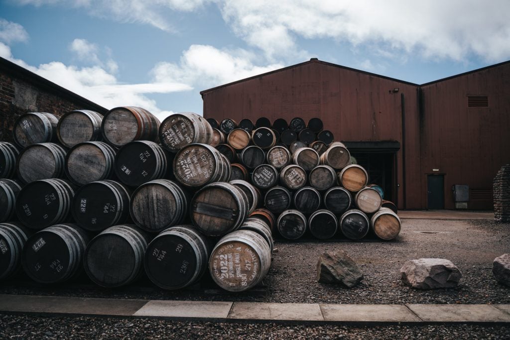 Casks stacked in the yard outside the Cadenhead's warehouses in Campbeltown
