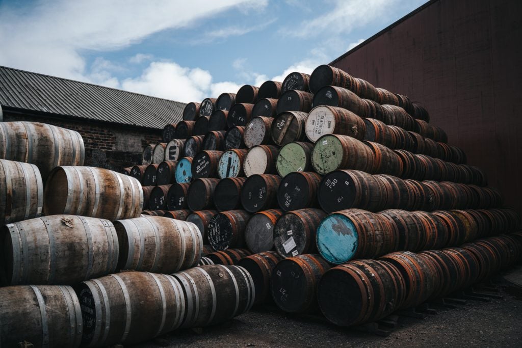 Painted cask ends stacked in the yard at Campbeltown